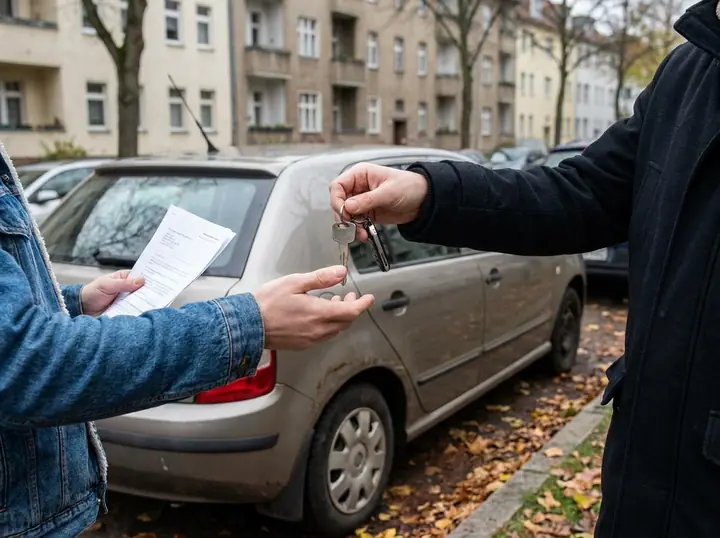 Symbolbild: Schlüsselübergabe mit Kaufvertrag vor einem gebrauchten Kleinwagen in einer Wohnstraße